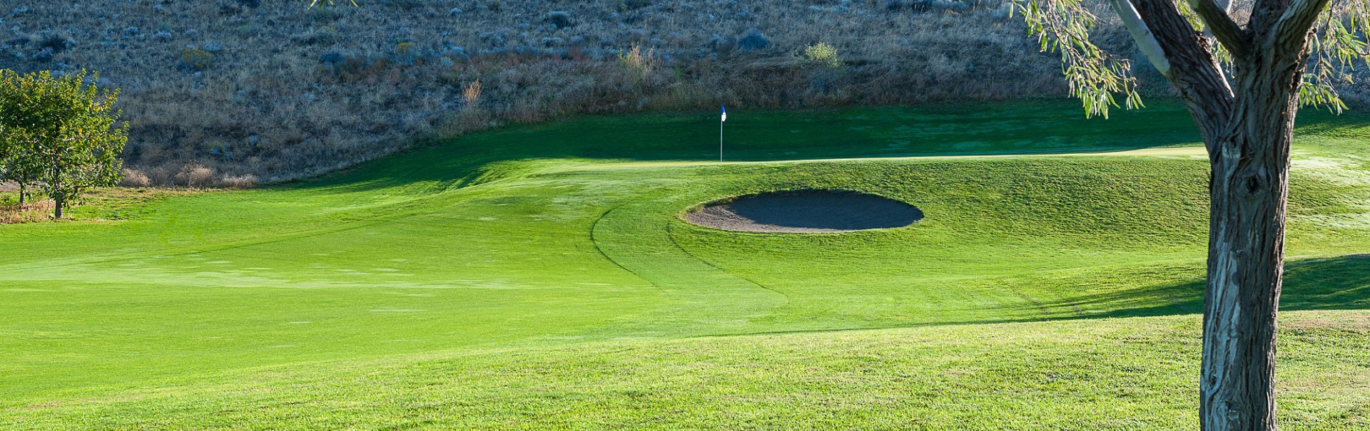 A serene golf course featuring a lush green fairway and a sand bunker near the hole with a flagpole.