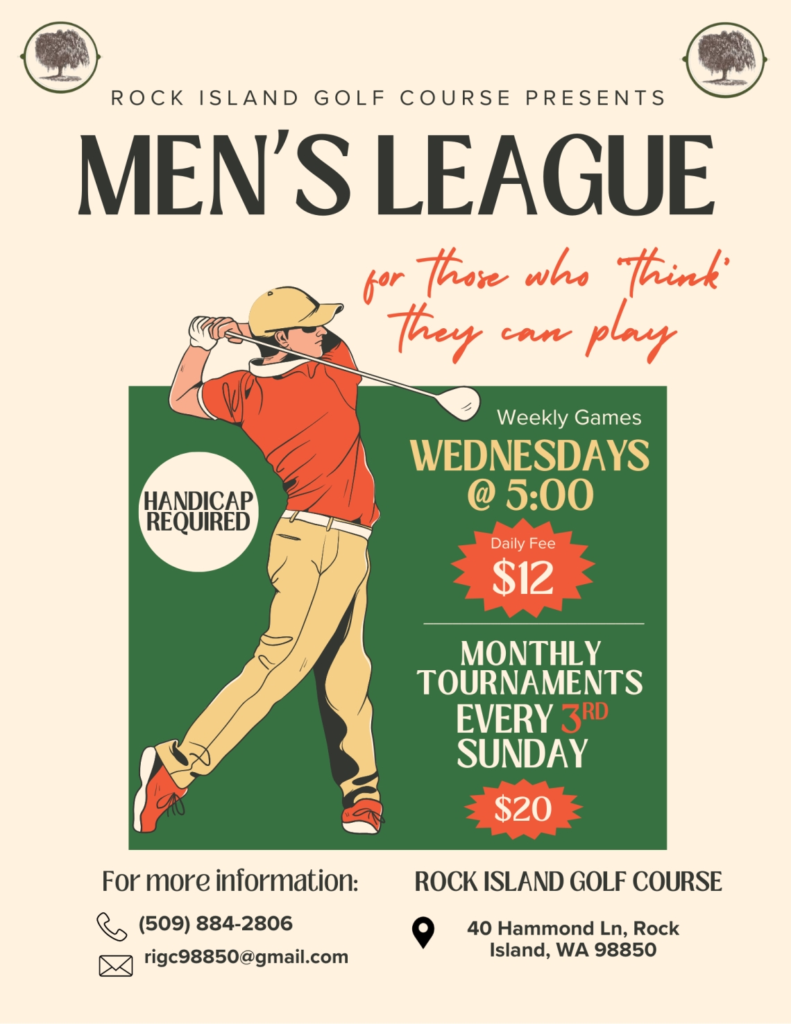 Men's League golf poster featuring a golfer swinging. Text mentions weekly games on Wednesdays at 5 PM, $12 fee, handicap required, and monthly tournaments every 3rd Sunday for $20.