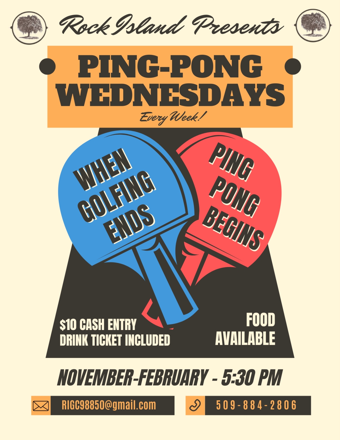 Poster for "Ping-Pong Wednesdays" by Rock Island. Features blue and red paddles with text, "$10 entry, drink ticket, food available, 5:30 PM, Nov-Feb."
