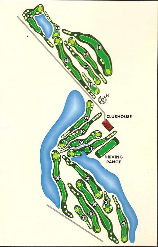 Golf course layout map showing 18 holes, greens, and fairways in green, with water hazards in blue. The clubhouse and driving range are marked in red.