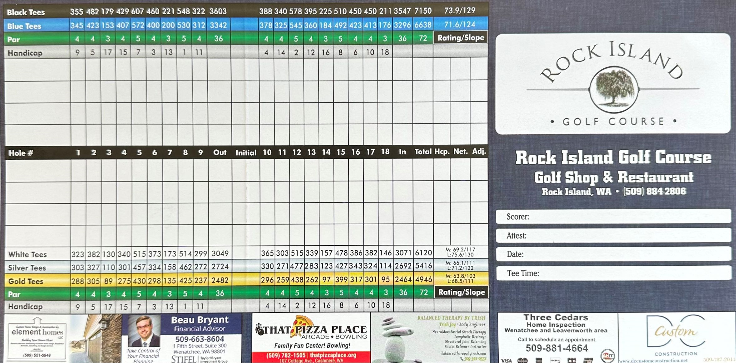 Scorecard for Rock Island Golf Course detailing hole numbers, par, yardages for different tees, including Black, Blue, White, Silver, and Gold.
